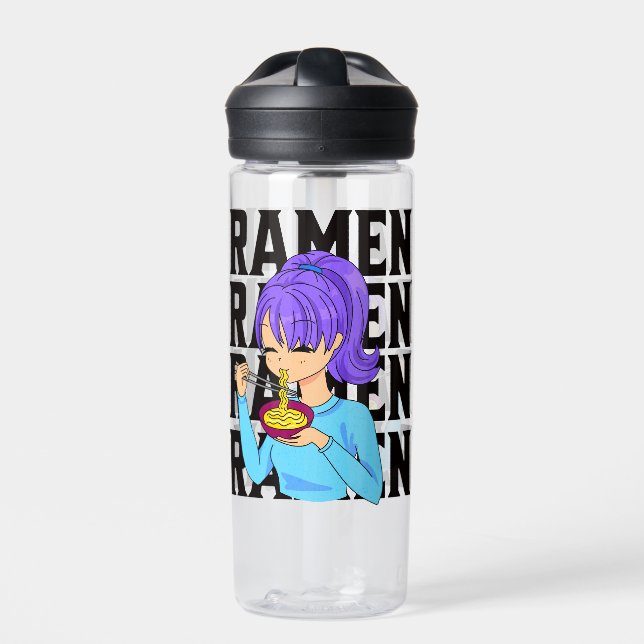 Anime style girl eating Noodles black text Water Bottle (Front)
