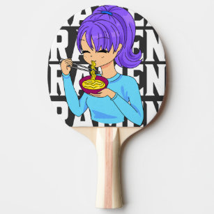 anime girl holding a ping pong paddle in front of a table