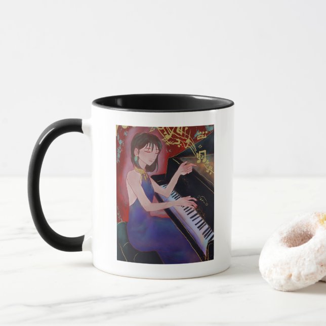 Anime Style Girl Playing Piano Elegant Music  Mug (With Donut)