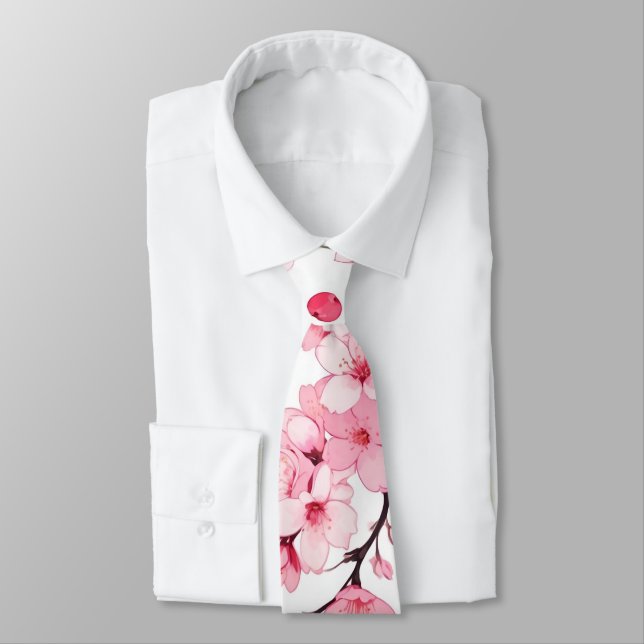 Anime Style Pink Cherry Blossom Pattern Tie (Tied)