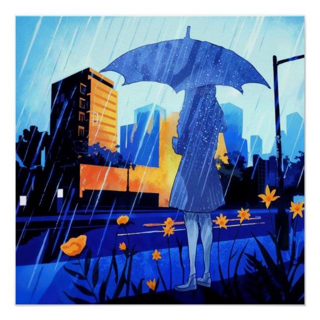 Anime Style Rainy Day Girl Poster Wall Art (Front)