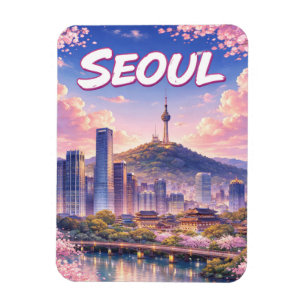 Anime Style Seoul South Korea Skyline Postcard Magnet
