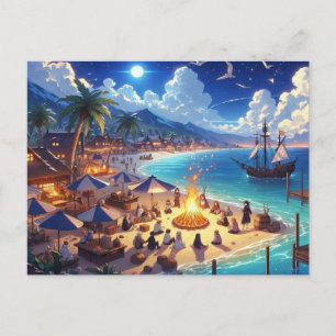 Anime Style Tropical Island with campfire and ship Postcard
