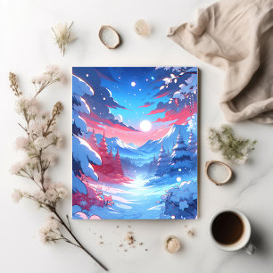 Anime Style Winter Mountain Art Snowy Night Scene Postcard