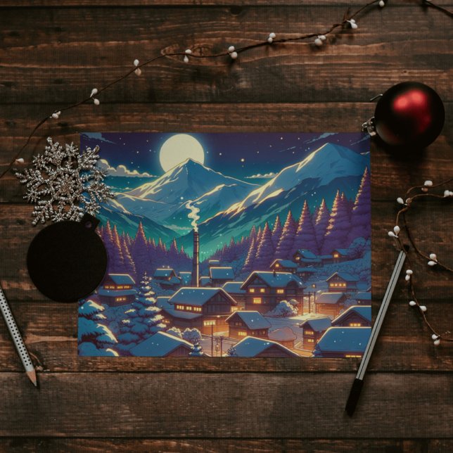 Anime Style Winter Village Snowy Night Scene Postcard (Creator Uploaded)