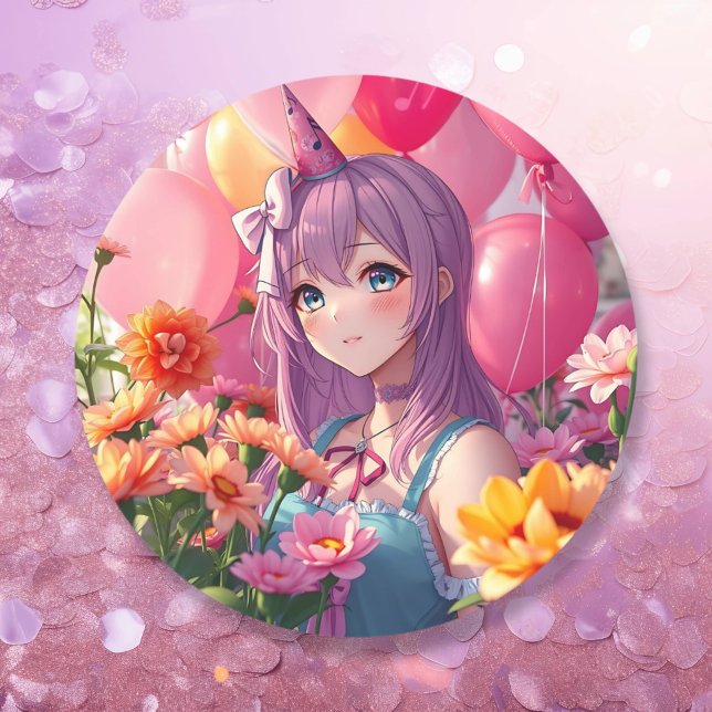 Anime Themed Birthday Girl  Classic Round Sticker (Creator Uploaded)