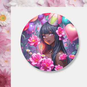 Anime Themed Birthday Girl of Colour  Classic Round Sticker