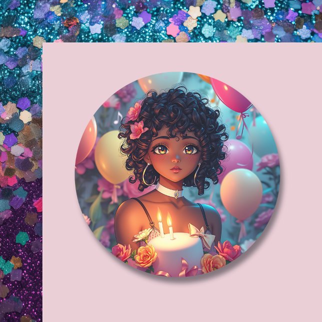 Anime Themed Birthday Girl of Colour Classic Round Sticker (Creator Uploaded)