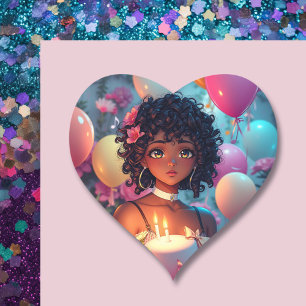 Anime Themed Birthday Girl of Colour Heart Sticker