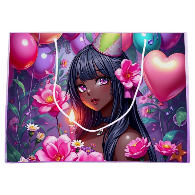 Anime Themed Birthday Girl of Colour  Large Gift Bag (Front)