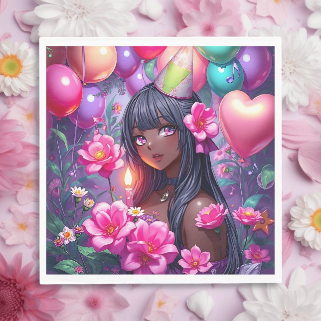 Anime Themed Birthday Girl of Colour  Napkin (Creator Uploaded)