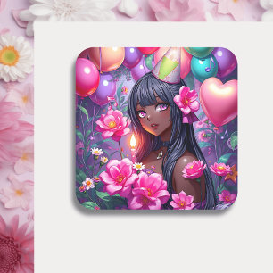 Anime Themed Birthday Girl of Colour  Square Sticker