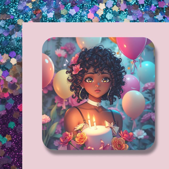 Anime Themed Birthday Girl of Colour Square Sticker (Creator Uploaded)