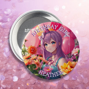 Anime Themed Birthday Girl Personalised 7.5 Cm Round Badge