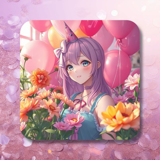 Anime Themed Birthday Girl  Square Sticker (Creator Uploaded)