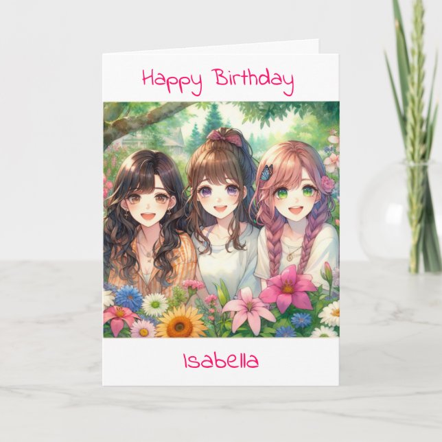 Anime Themed Girl's Birthday | Colouring Page Card (Front)
