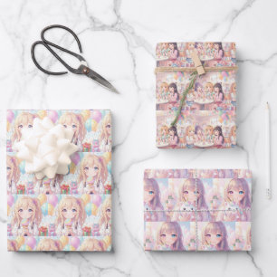 Anime Themed Girl's Birthday Wrapping Paper Sheet