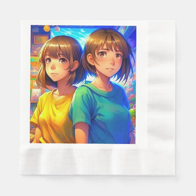 Anime Themed Twin Girl's Birthday Party Napkin (Front)