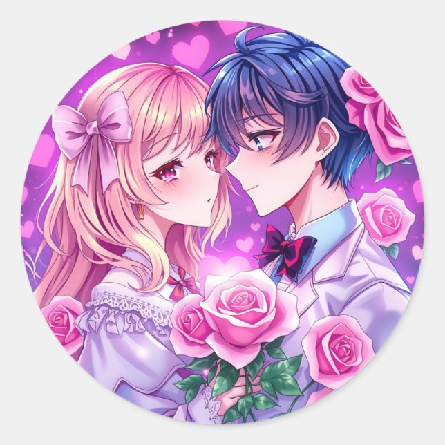 Anime Valentine's Day Boy and Girl Romantic Classic Round Sticker (Front)
