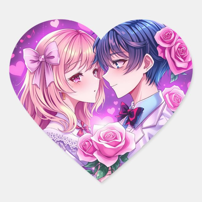 Anime Valentine's Day Boy and Girl Romantic Large Heart Sticker (Front)
