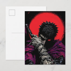 Anime Warrior Red Moon Sword Hug Art Postcard