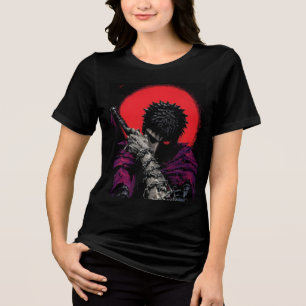 Anime Warrior Red Moon Sword Hug Art Tri-Blend Shirt