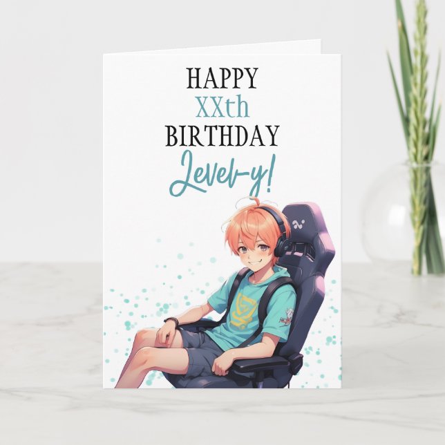 Anime White & Teal Gamer on Chair Age Birthday Card (Front)