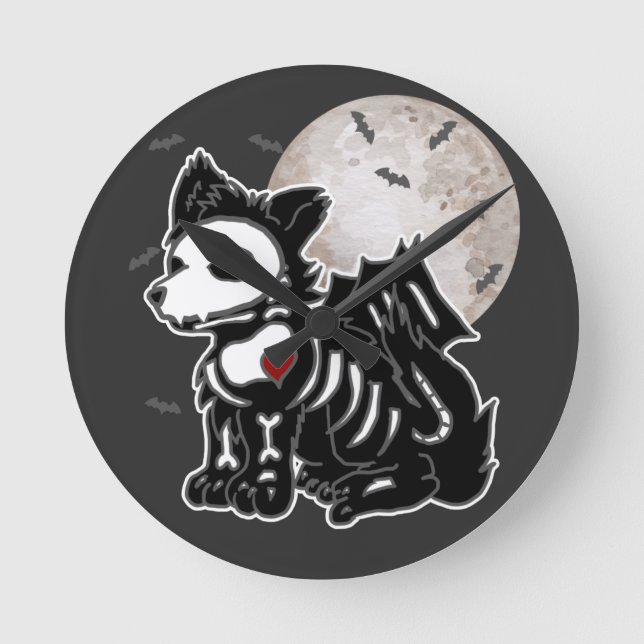 Anime Wolf Emo Goth Edgy Skeleton Halloween Dog Wa Round Clock (Front)