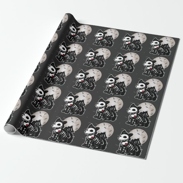 Anime Wolf Emo Goth Edgy Skeleton Halloween Dog Wrapping Paper (Unrolled)