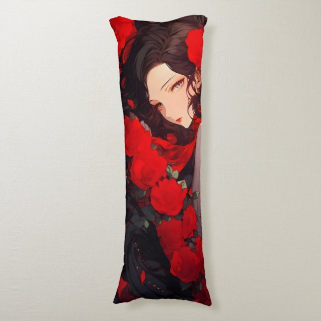 Anime Woman and Red Flowers Body Cushion (Front Vertical)