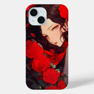 Anime Woman and Red Flowers iPhone 15 Case