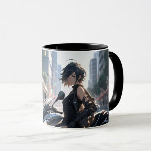 Anime woman biking downtown mug