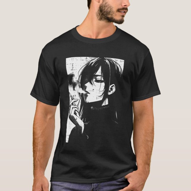 Anime Woman Smoking Japanese Manga Art Emo Otaku M T-Shirt (Front)