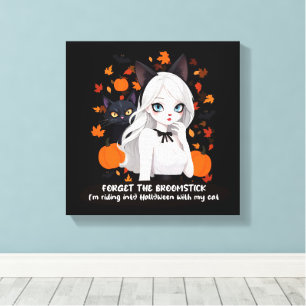 Anime woman with black cat. canvas print