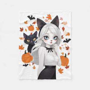 Anime woman with black cat. fleece blanket