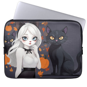 Anime woman with black cat. laptop sleeve