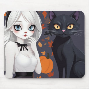 Anime woman with black cat. mouse pad