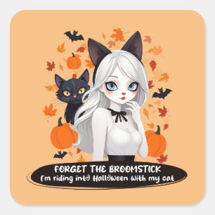 Anime woman with black cat. square sticker