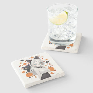 Anime woman with black cat. stone coaster