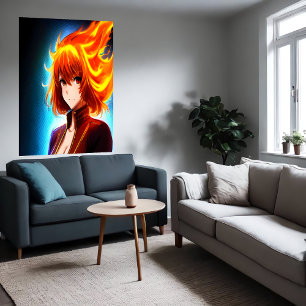 Anime young lady orange flame hair   AI Art Poster