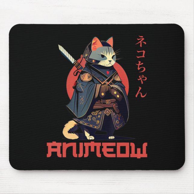 ANIMEOW Fun Cute Samurai Kawaii Cat Ninja Costume  Mouse Pad (Front)