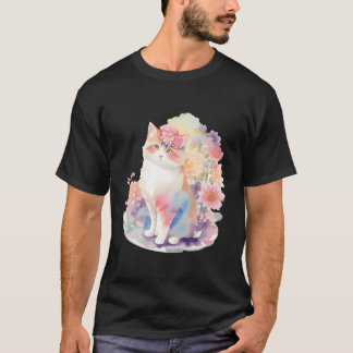 Animestyle watercolor cat with flowers friend T-Shirt