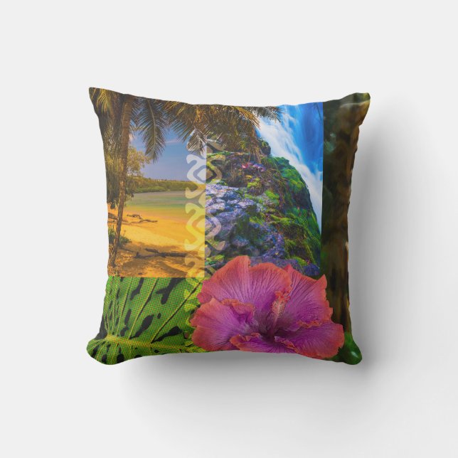 Anini Beach, Kauai Hawaiian Collage Reversible Outdoor Cushion (Front)