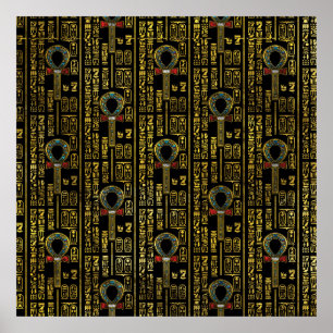 Ankh and Egyptian hieroglyphs pattern Poster