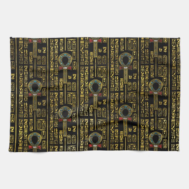Ankh  and Egyptian hieroglyphs pattern Tea Towel (Horizontal)