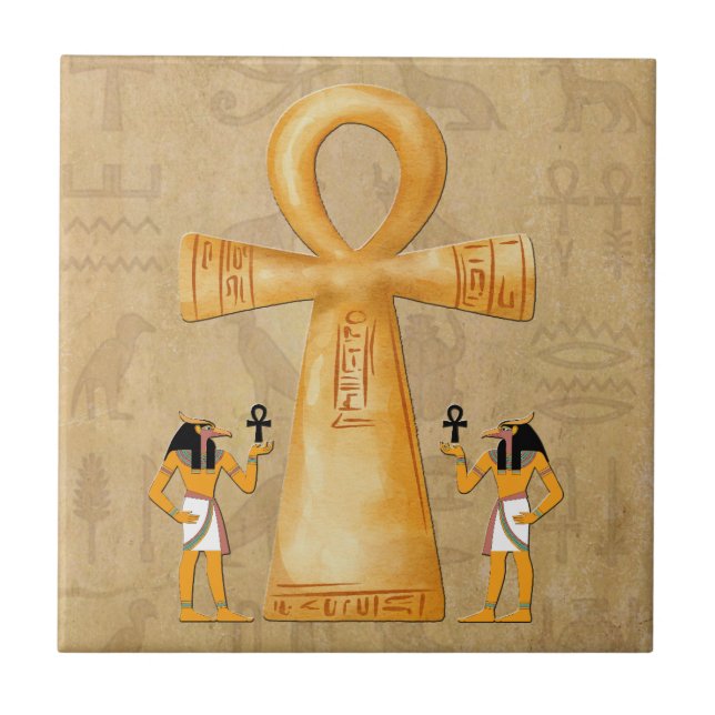 Ankh Key Of Life On Hieroglyph Ceramic Tile (Front)