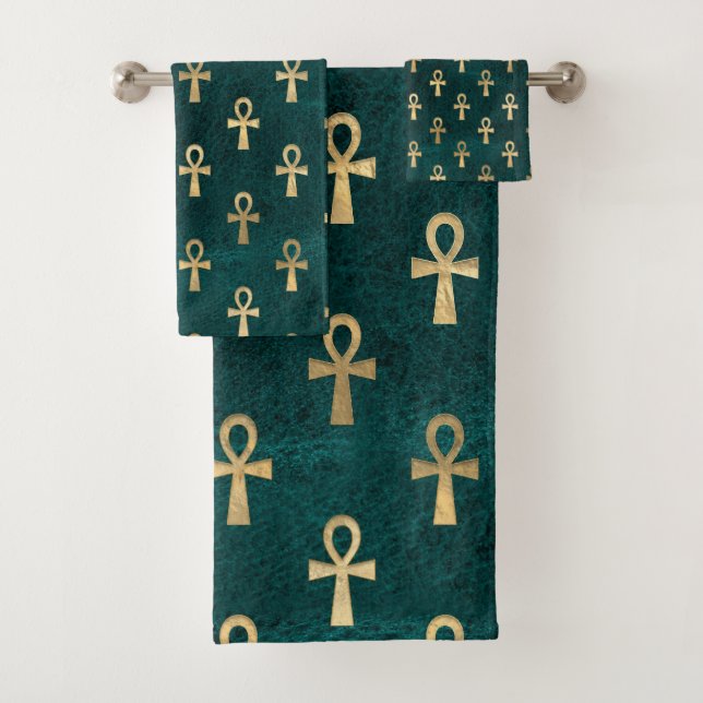 Ankh Pattern Gold on Green Bath Towel Set (Insitu)