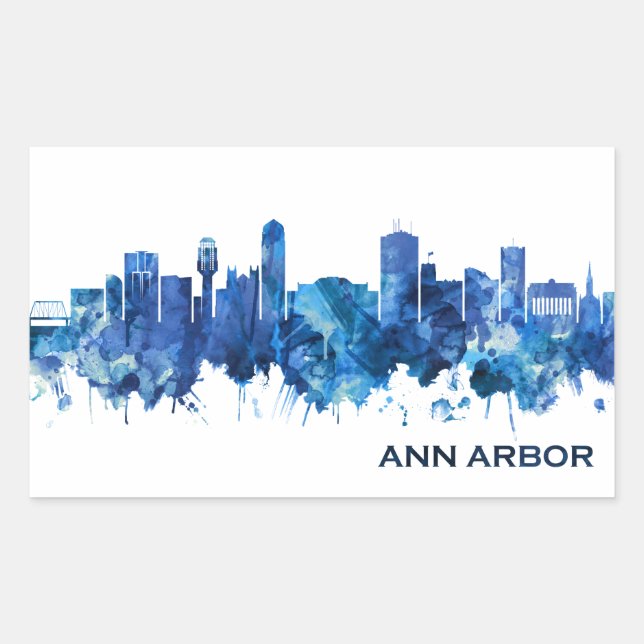 Ann Arbor Michigan Skyline Blue Rectangular Sticker (Front)