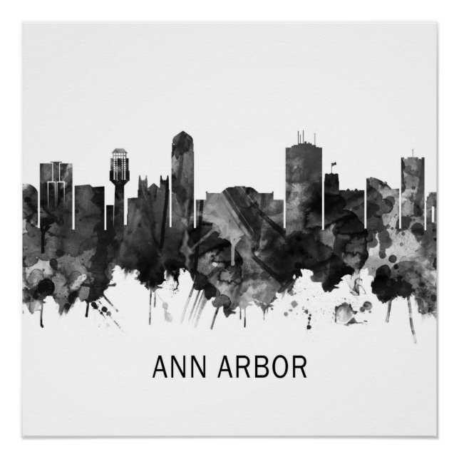 Ann Arbor Michigan Skyline BW Poster (Front)