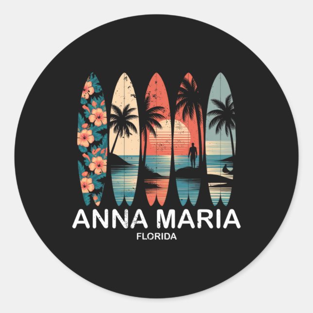 Anna Maria Beach Florida Surfboard Surfing Retro  Classic Round Sticker (Front)